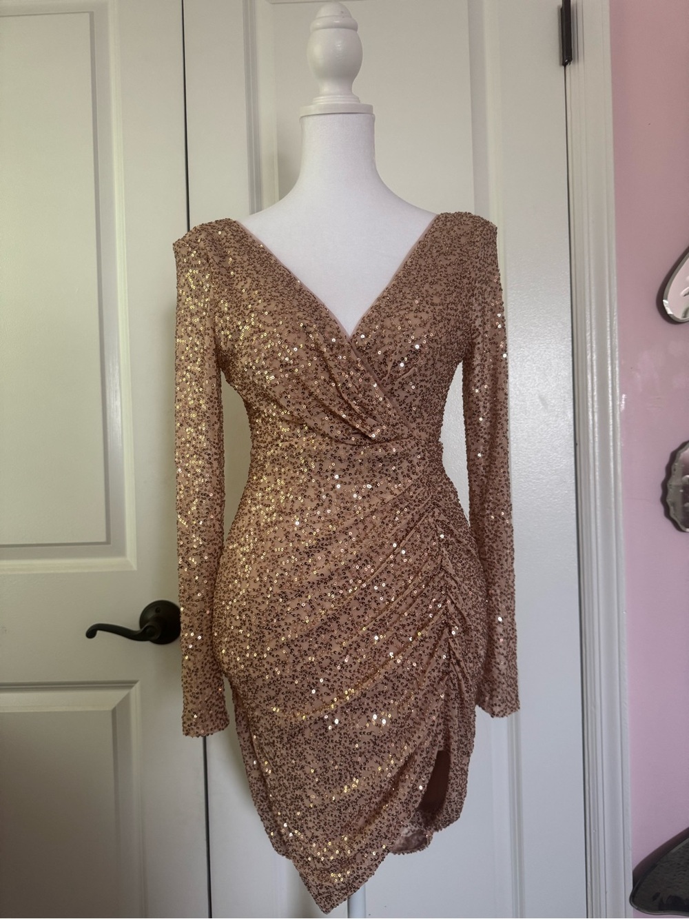 Aqua Rose Gold Sequin Ruched Wrap Long-Sleeve Dress